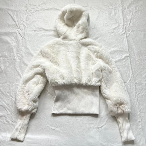 Y2k bebe jacket womens XS white faux fur hooded pom pom cropped hoodie vintage - Picture 2 of 15